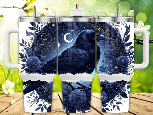 Blue Floral Night Raven 40oz Tumbler Graphics for Tumbler Wraps
