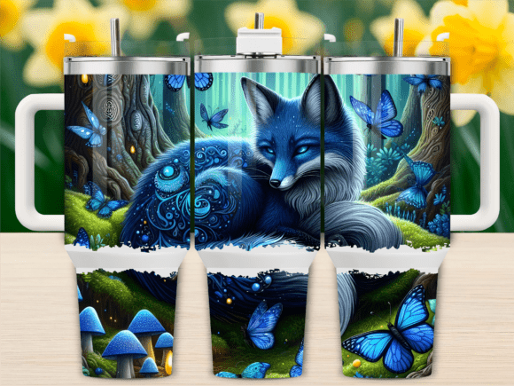 Blue Fox and Butterflies 40oz Tumbler Graphics Tumbler Wraps
