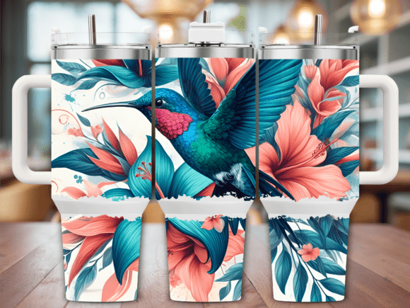 Blue Hummingbird Flowers 40oz Tumbler Graphics for Tumbler Wraps