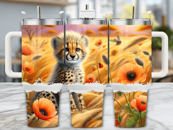 Cheetah Cub in Poppy Field Tumbler Wraps Graphics