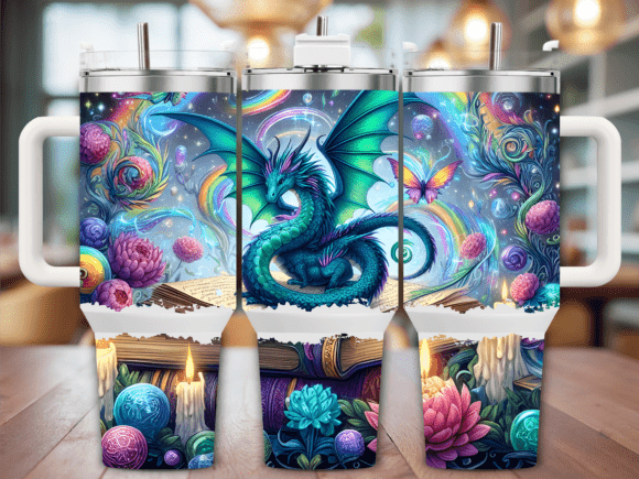 Colorful Dragon and Books 40oz Tumbler Graphics