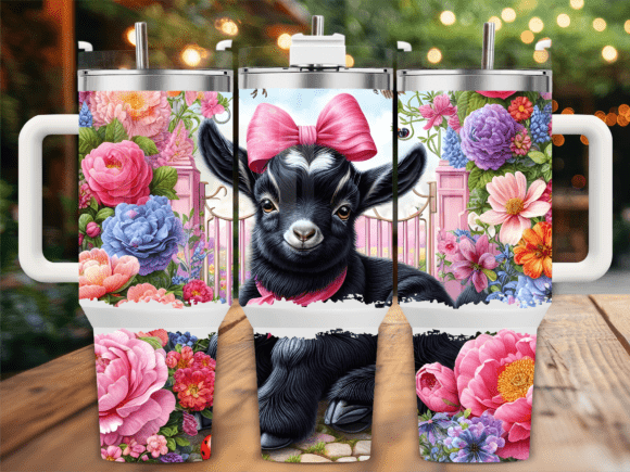 Cute Black Goat in Flowers Graphics for Tumbler Wraps