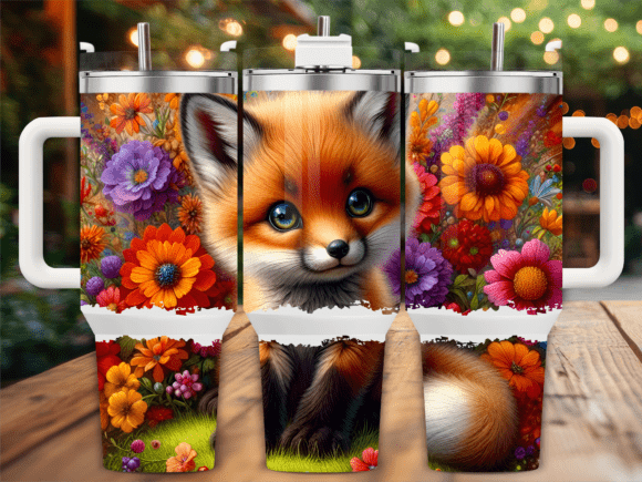 Cute Fox Bright Flowers PNG Graphics & Tumbler Wraps