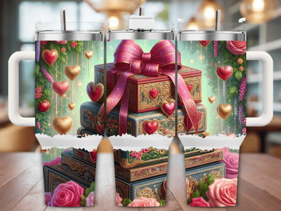 Gold Gift Box Hearts Roses: Graphics for Tumbler Wraps