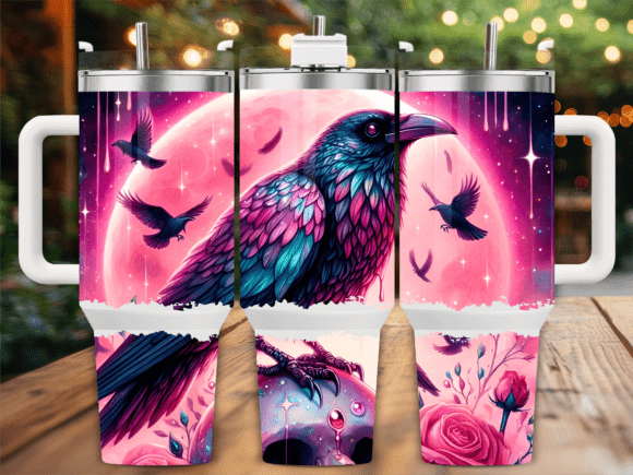 Mystical Raven in Pink Moon Graphics for Tumbler Wraps