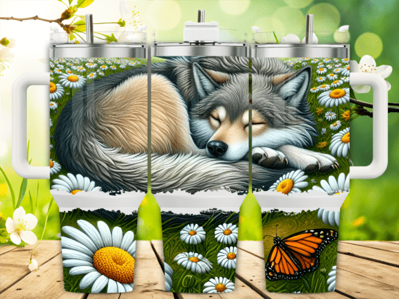 Sleeping Wolf with Daisies Tumbler Graphics & Wraps