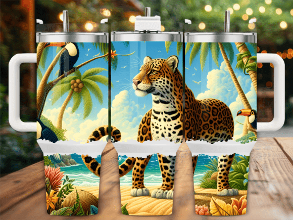 Tropical Jaguar Beach Scene 40oz Tumbler Wraps Graphics