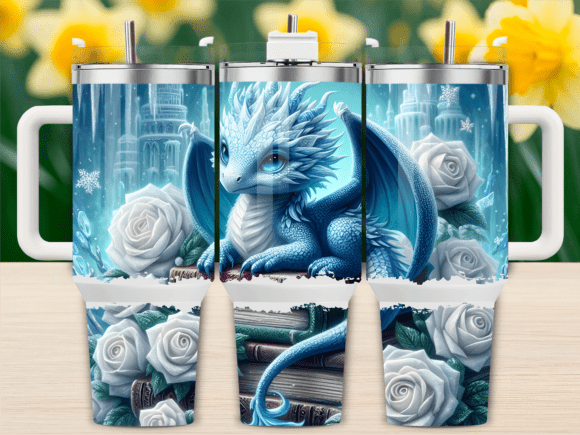White Dragon and Roses 40oz Tumbler Wrap Graphics for Tumbler Wraps