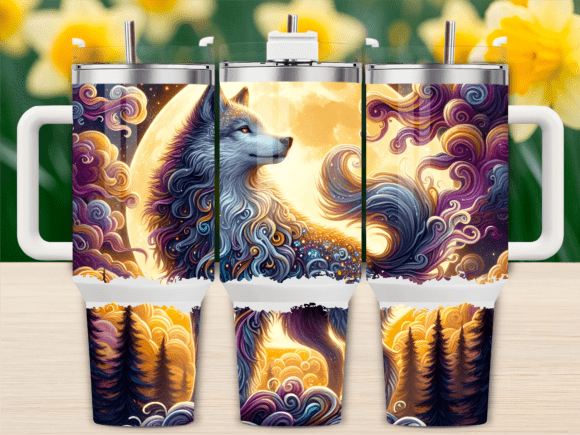 Wolf with Golden Moon Graphics for Tumbler Wraps